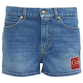 Gucci-Gucci Cotton Blend GG Logo Patch Wide Leg Mid Rise Shorts-Blue