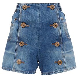 Bermuda de denim de cintura alta com botão de moeda bronze lavado Balmain Azul