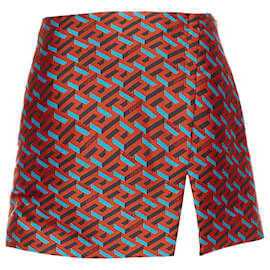 Versace La Greca Logo Geometric Split Mini Skirt Red