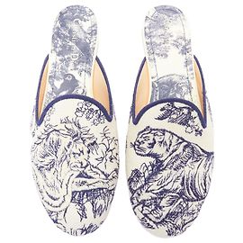 Christian Dior Toile De Jouy Print Canvas Mule Flats Blue Navy blue