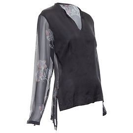 Dries Van Noten Seidenbluse mit transparenten Blumenärmeln, hi-low Schwarz