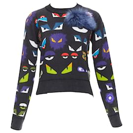Fendi-Fendi Monster Bug Eye print virgin wool fur trim sweater-Black