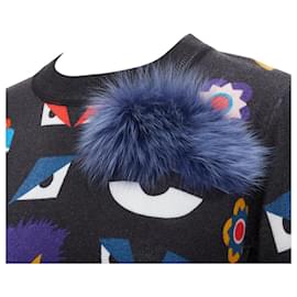 Fendi-Fendi Monster Bug Eye print virgin wool fur trim sweater-Black