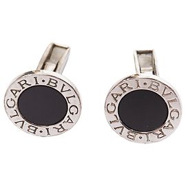 Bulgari Sterling Silver Onyx Logo Back Cufflinks Silvery Metallic