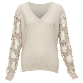 Suéter V-neck de caxemira e seda com mangas transparentes com babados Dries Van Noten Cinza