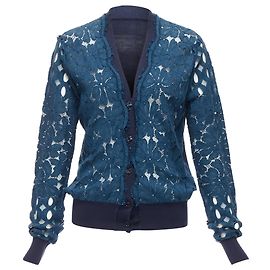 Cardigã de seda e algodão com flores em renda transparente de manga longa e decote em V Lanvin Azul