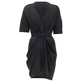 Balenciaga-Balenciaga Plunge Neckline Button Front Gathered Pleat Short Dress-Black