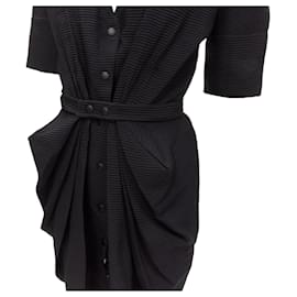 Balenciaga-Balenciaga Plunge Neckline Button Front Gathered Pleat Short Dress-Black