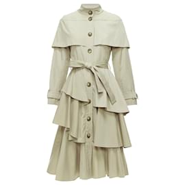 Autre Marque-Osman London Cotton Tiered Ruffle Capelet Belted Long Trench Coat-Green,Khaki