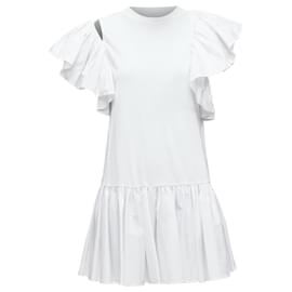Alexander Mcqueen-Alexander Mcqueen Asymmetric Ruffle Sleeve Drop Waist Dress-White