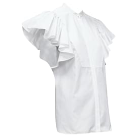 Alexander Mcqueen-Alexander Mcqueen Cotton Frill Sleeve Mandarin Neck Tunic Shirt-White