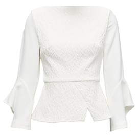 Roland Mouret-Roland Mouret Richardson Textured Crepe Ruffle Cuff Peplum Top-White,Cream