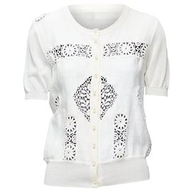 Dolce & Gabbana Kurzarmpullover aus Spitze mit Ösen und Perlenknöpfen Dolce Gabbana Weiß Roh