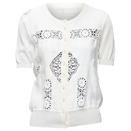 Dolce & Gabbana-Dolce Gabbana Lace Eyelet Pearl Buttons Short Sleeve Cardigan-White,Cream