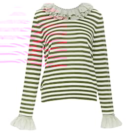 Gucci-Gucci stripe silk trimmed pearl crystal collar sweater-Red