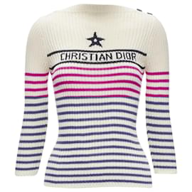 Dior-Christian Dior Mariniere Nautical Sailor Stripe Logo Ribbed Top-Brown,Beige
