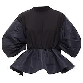 Alexander Mcqueen-Alexander Mcqueen Round Puff Sleeve Peplum Contrast Top-Black