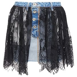 Unravel Project Floral Lace Ruffle Denim Inside Out Skirt Blue
