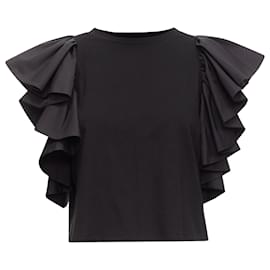 Alexander Mcqueen-Alexander Mcqueen Ruffle Cap Sleeve Bateau Crop Top-Black