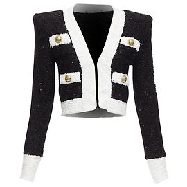 Balmain Metallic Tweed 4 Pockets Cropped Blazer Jacket Black