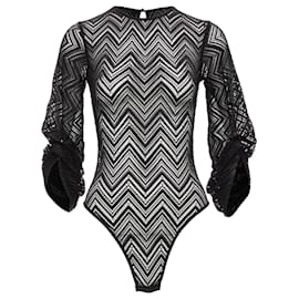 Roland Mouret-Roland Mouret Chevron Lattice Lace Draped Charm Sleeves Bodysuit Top-Black