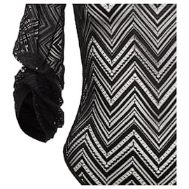 Roland Mouret-Roland Mouret Chevron Lattice Lace Draped Charm Sleeves Bodysuit Top-Black