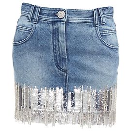 Balmain Washed Denim Silver Crystal Sequins Fringe Mini Skirt Blue