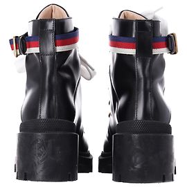 Stivali da biker con lacci Gucci Sylvie Web in pelle di vitello nera Nero