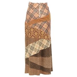 Roberto Cavalli Mixed Fabric Printed Leather Patchwork Skirt Brown