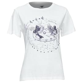 Dior-Dior Double Bird Astrology Print Cotton Linen Short Sleeve Tshirt-White,Cream
