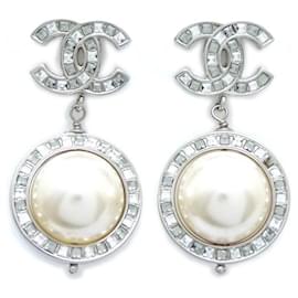 Chanel-Chanel Silver Rhinestone Coco Mark Earrings-Silvery,Metallic