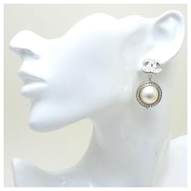 Chanel-Chanel Silver Rhinestone Coco Mark Earrings-Silvery,Metallic