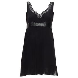 Vestido mini plissado de seda com renda, decote em V e acabamento em corrente Versace Preto