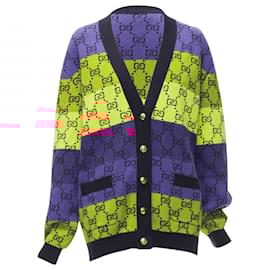 Gucci-Gucci wool cotton colorblocked GG monogram gld button overd cardigan-Multiple colors