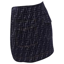 Fendi-Fendi FF Zucca monogram velvet flocking mini denim skirt-Blue