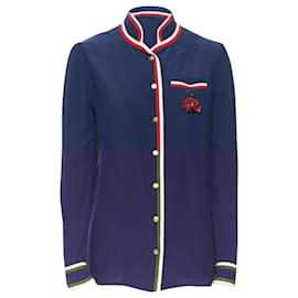 Gucci-Gucci tricolour ladybird ladybug embellish brooch badge silk shirt-Blue