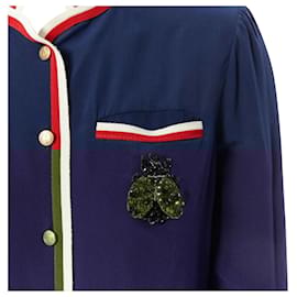 Gucci-Gucci tricolour ladybird ladybug embellish brooch badge silk shirt-Blue