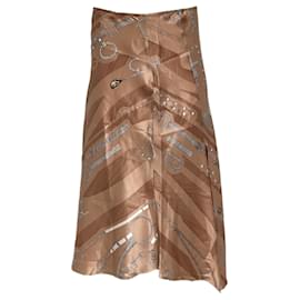 Hermès-Hermès Printed Midi Skirt in Beige Silk-Brown,Red