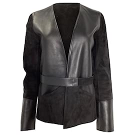 Hermès-Hermès Collarless Jacket with Belt in Black Leather and Suede-Black