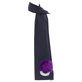 Fendi-Fendi wool Signature Monster Eyes fur trimmed scarf-Blue,Navy blue