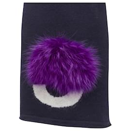 Fendi-Fendi wool Signature Monster Eyes fur trimmed scarf-Blue,Navy blue
