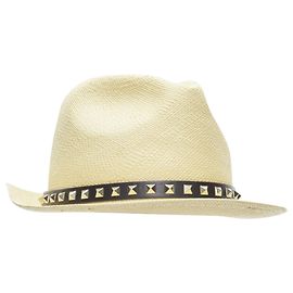 Valentino Garavani Rockstud raffia calfskin leather studded straw hat Brown Beige