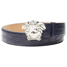 Versace-Cinto de couro escalado com fivela prateada La Medusa da Versace-Azul,Azul marinho