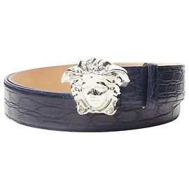 Versace La Medusa silver buckle scaled leather belt Blue Navy blue