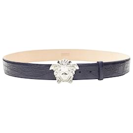 Versace-Versace La Medusa silver buckle scaled leather belt-Blue,Navy blue