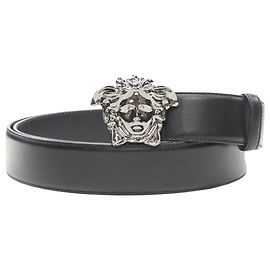 Versace La Medusa ruthenium silver buckle leather belt Black