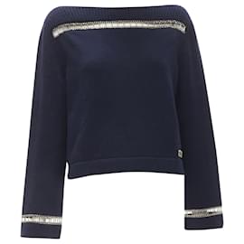Chanel-Chanel cashmere chain trim boat neck sweater-Blue,Navy blue