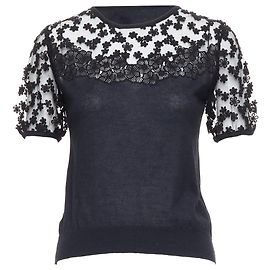Cashmere-Seidenpullover mit transparentem Spitzenblumenpanel von Giambattista Valli Schwarz