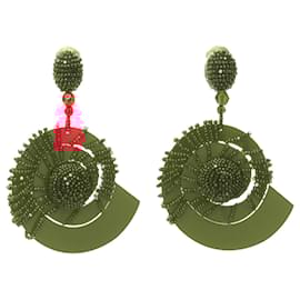Oscar de la Renta-Oscar de la Renta beaded acrylic spiral shell dangling clip on earrings-Red