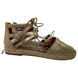 Aquazzura- Aquazzura Lace-Up Close Toe Espadrille Flats in Gold Leather-Golden,Metallic